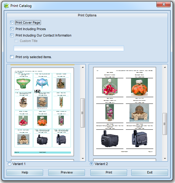 Form and option of printing a catalog