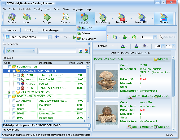 create catalog, making catalog on CD, order system, estore, e-store, eshop, e-shop