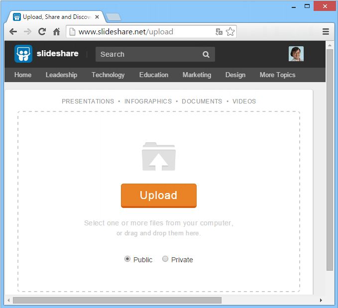 Панель добавления файла на SlideShare
