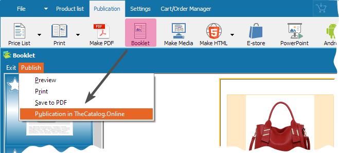 A menu item for publishing brochures to TheCatalog.Online
