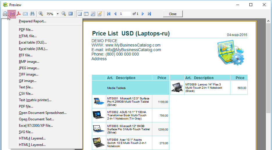 Creación de la lista de precios como un archivo de Excel, PDF o en otro formato