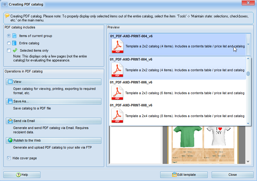 Create PDF catalogue - selecting a template Create PDF catalogue - selecting a template