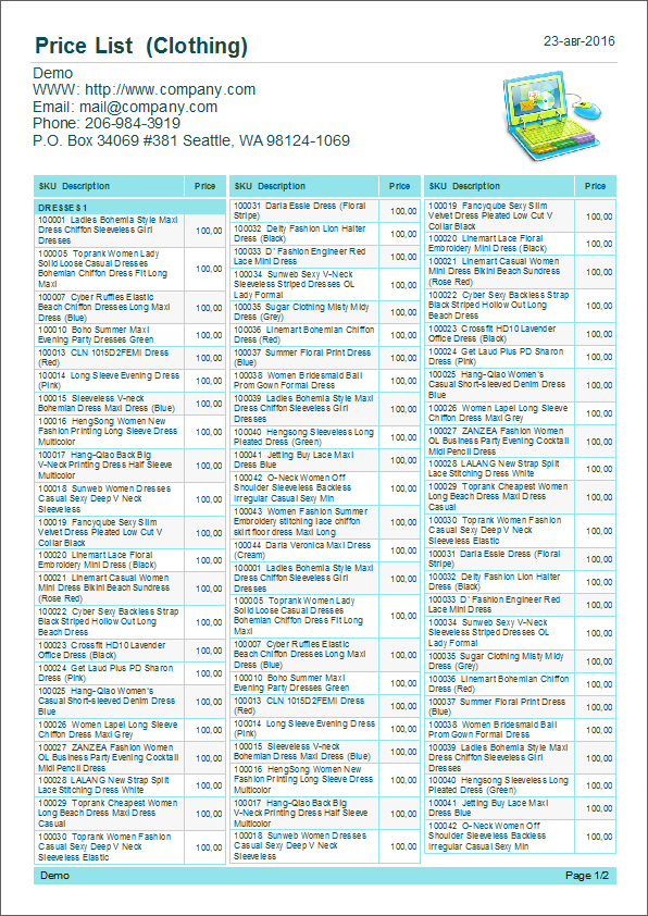 Examples of a common price list with  three columns