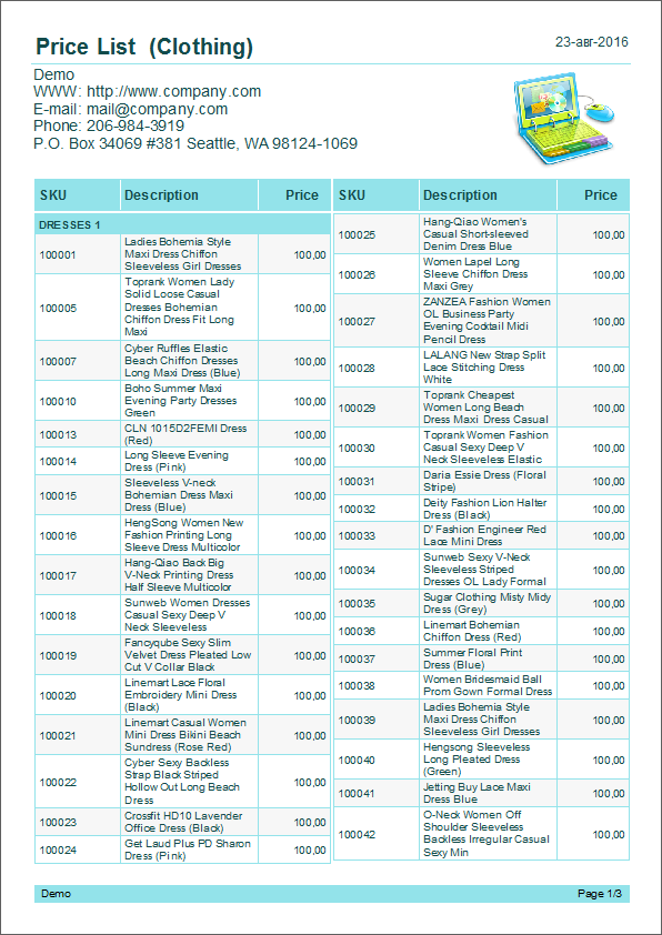 Examples of a common price list with columns