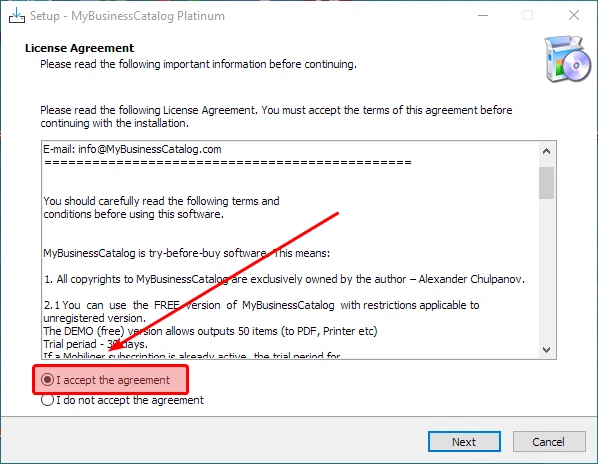 Accepting the license agreement.
