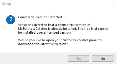 Installer dialog box showing 'Commercial Version Detected' message.