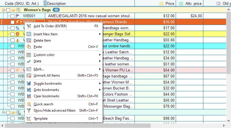 A list of products with prices and photos inside the MyBusinessCatalog software for Windows.