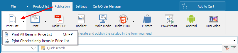 Opening the Price List creation tool from the main toolbar.
