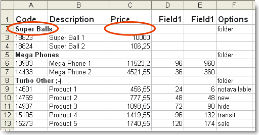 Example of the price list as excel file