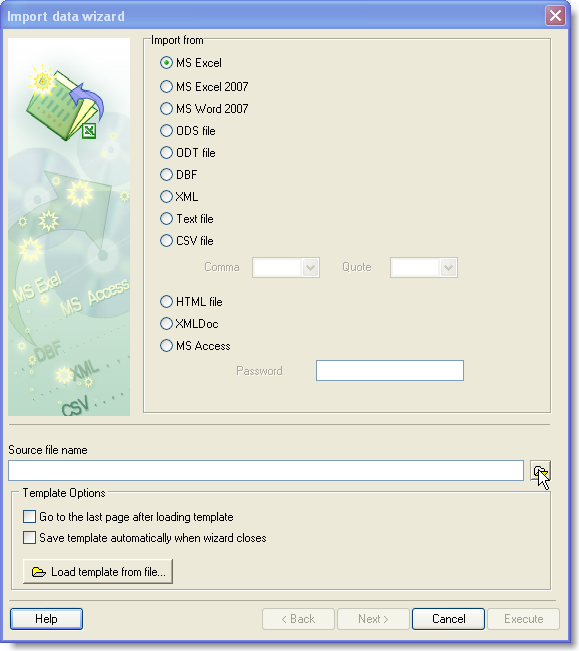 Select a file format to import