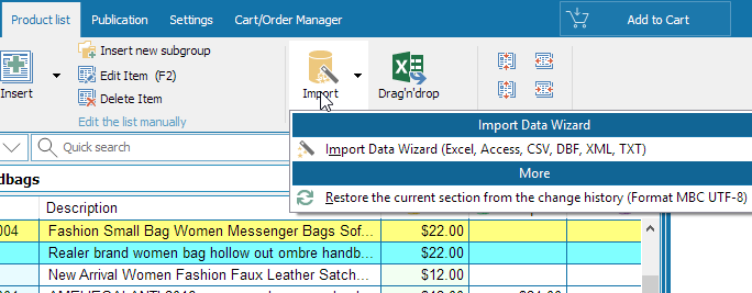 Import wizard menu