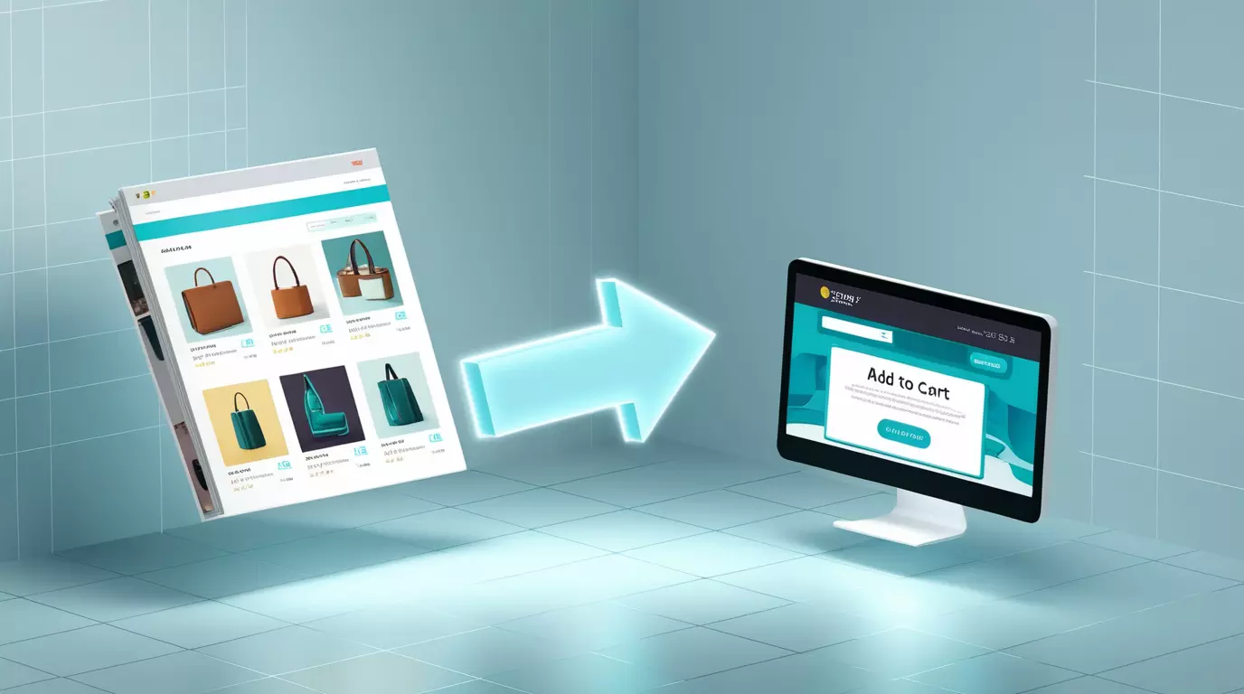 An illustration of a customer clicking a 'Buy Now' button inside a digital product catalog.