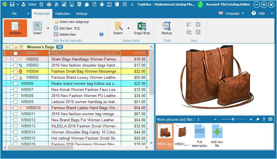 MyBusinessCatalog main screen with product list