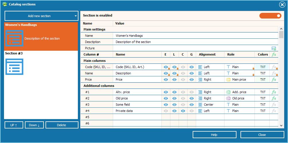 Custom sections and fields configuration