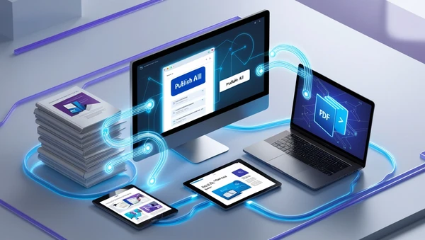 An illustration showing a central hub publishing to PDF, Web, and Print formats.