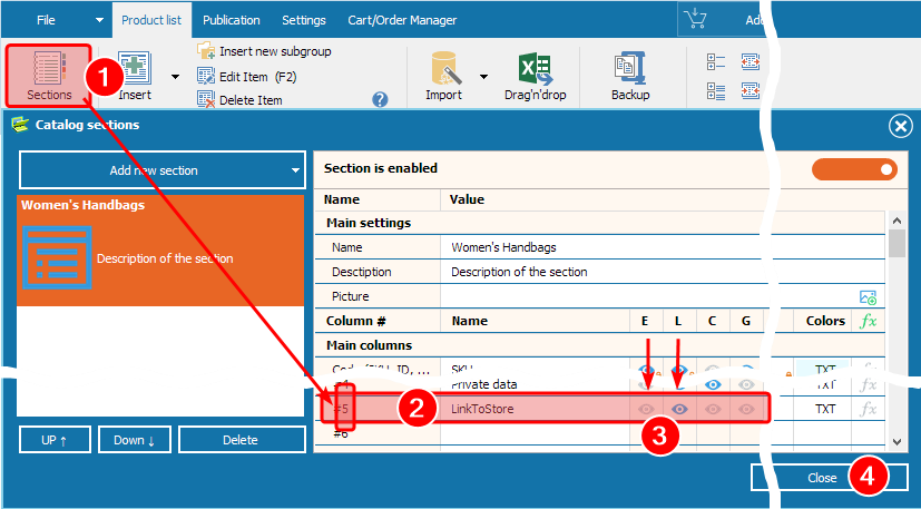 The Section Editor window in MyBusinessCatalog with a new custom field 'LinkToOrder' being created.