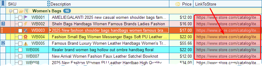 The product list showing the new 'LinkToOrder' column filled with URLs to an online store.