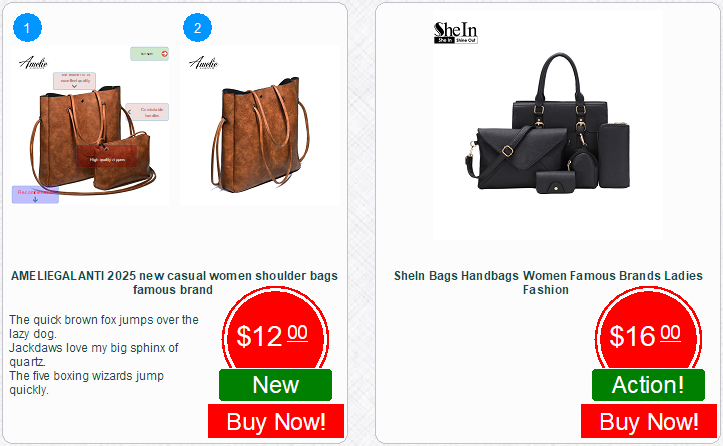 A generated PDF catalog page showing two products, each with a clickable 'Buy Now' button that links to an online store.