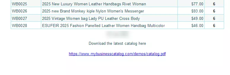 A footer in a PDF catalog showing a clickable link to download the latest version from the website.