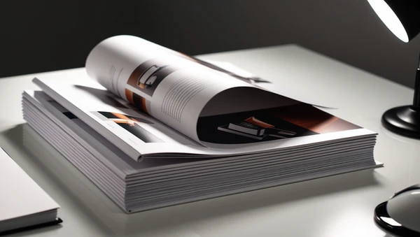 A stack of high-quality printed product catalogs.