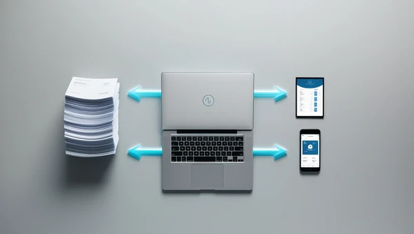 A sales representative using an offline catalog on a laptop.