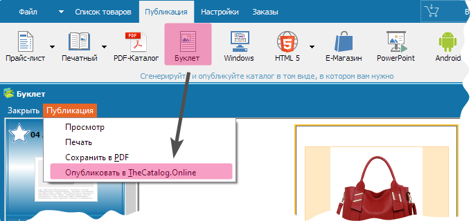 Пункт меню для публикации буклета в TheCatalog.Online