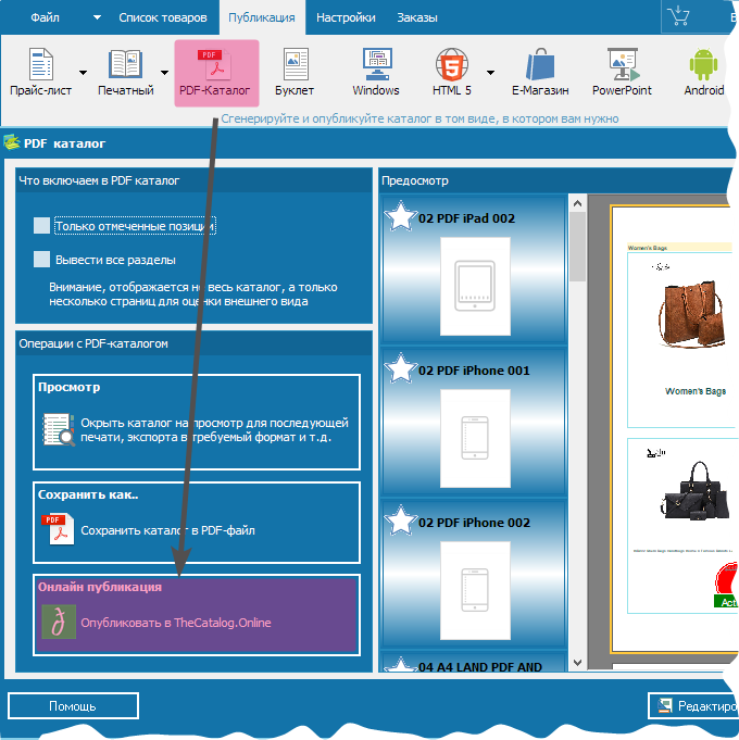 Кнопка для публикации каталога в TheCatalog.Online