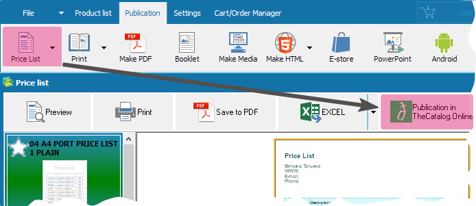 A button for publishing price lists to TheCatalog.Online