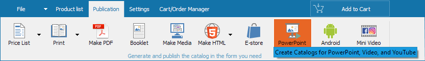 The 'Save as PowerPoint' button is available in the preview window of any print or PDF catalog.