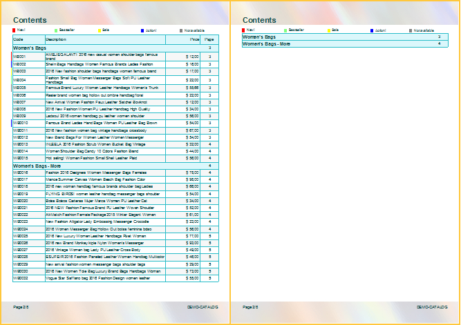 Example of full and short list in the price sheet template