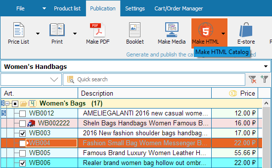 Create HTML catalog button