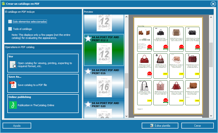 seleccionar una plantilla para un catálogo PDF