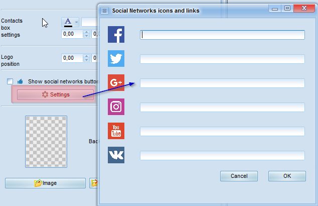 Configure of cosial networks buttons in the template of the catalog