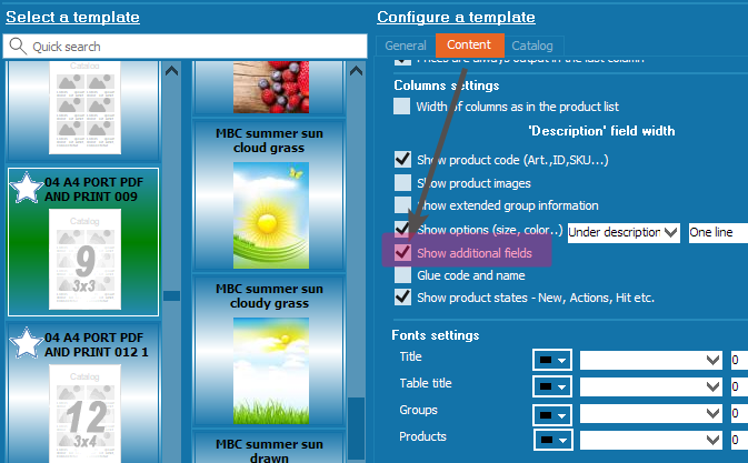 Turn on displaying of additional fields in the price list