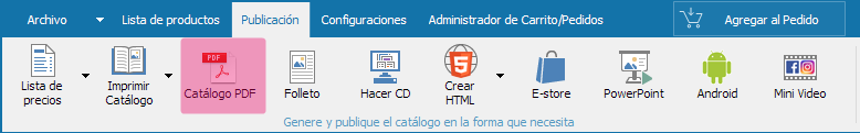 Panel principal: presione el botón para crear un catálogo PDF