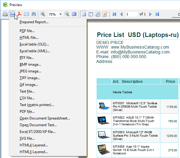 Creación de la lista de precios como un archivo de Excel, PDF o en otro formato