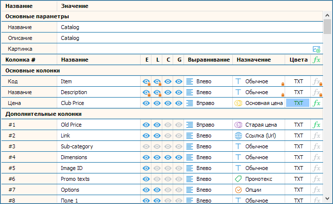 The product catalog columns params 