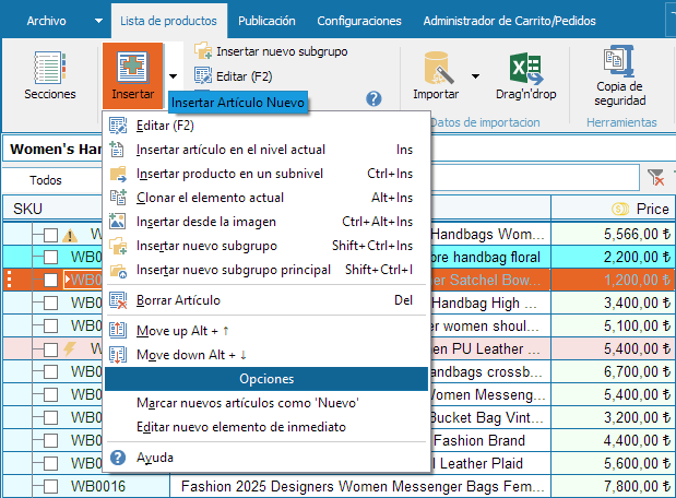 panel de control de lista de productos en catálogo electrónico