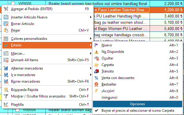Selección de icono de estado de productos