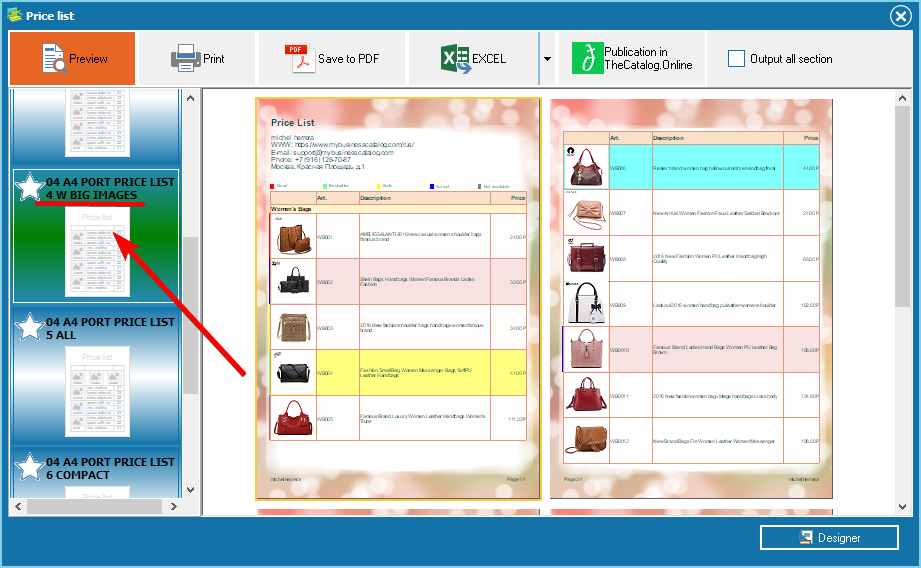 Create a classic price sheet using template with big images