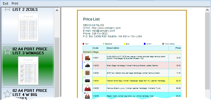 Create a classic price sheet using template with small images