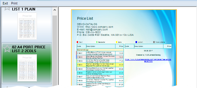 Create a classic price sheet using template with 2 columns